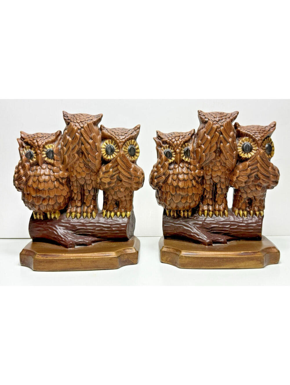 Vtg Arnels Owl Figurine Set 2 Bookends See Speak Hear No Evil Ceramic